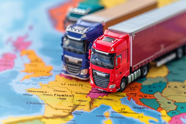 Photo miniature trucks on gps map depicting global logistics network