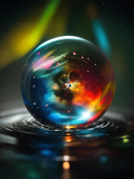 A miniature universe of color and light contained within a single water droplet