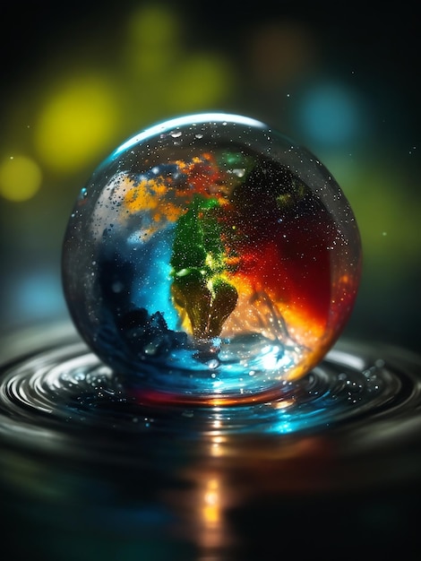 A miniature universe of color and light contained within a single water droplet