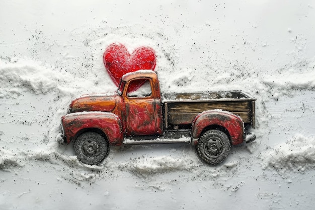 Miniature vehicle with a heart in a frosty winter setting