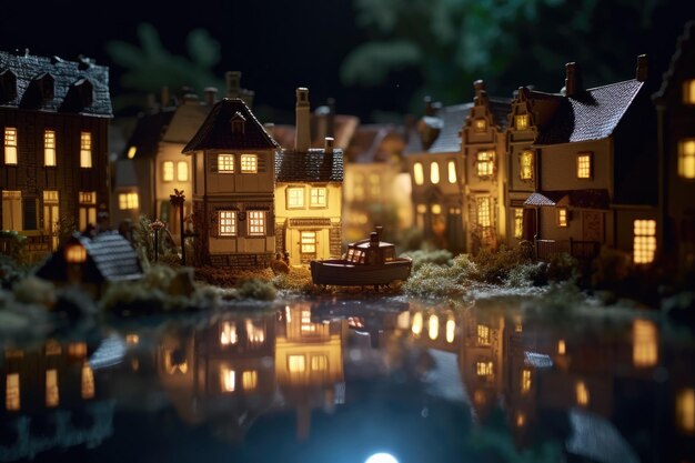 miniature view of the old town at night Generative Ai