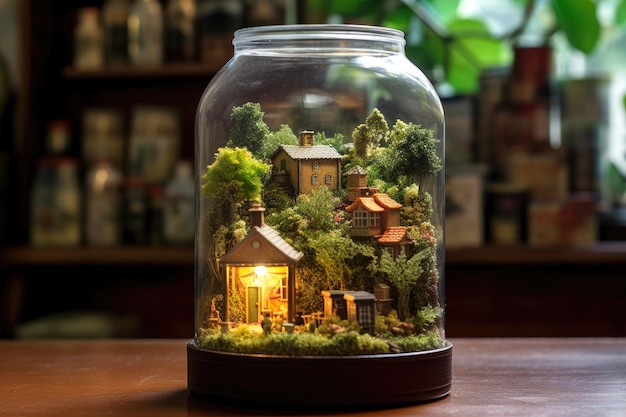 Miniature village in a glass terrarium green oasis created with generative ai