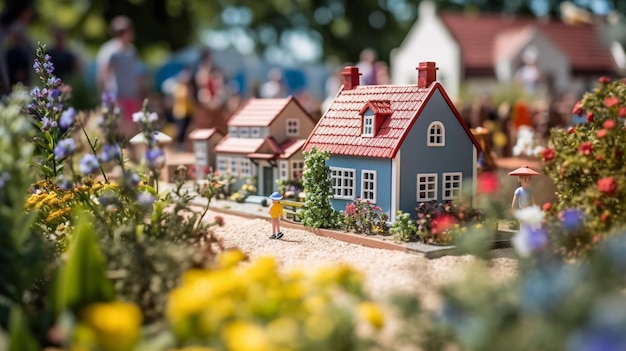 A miniature village with a blue house and a small house in the background.