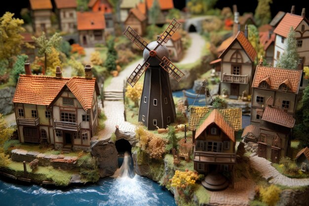 Miniature village with windmill and river flowing created with generative ai