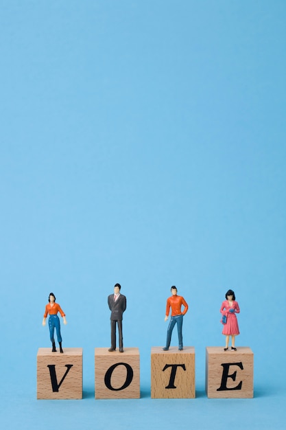 miniature voters on wooden cubes with word vote