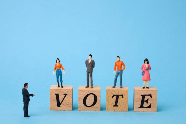 miniature voters on wooden cubes with word vote