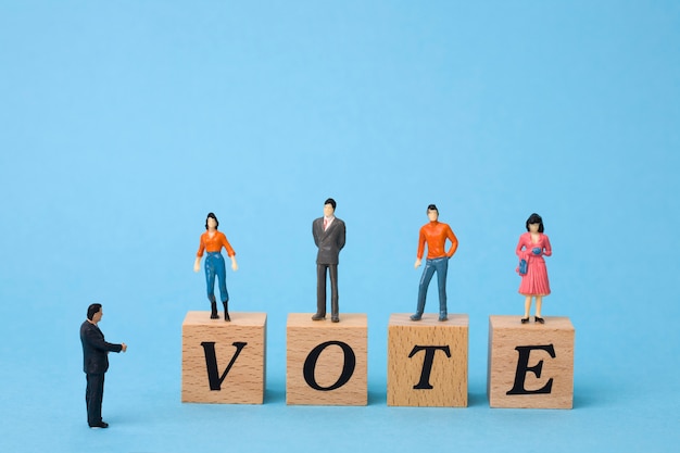 Photo miniature voters on wooden cubes with word vote