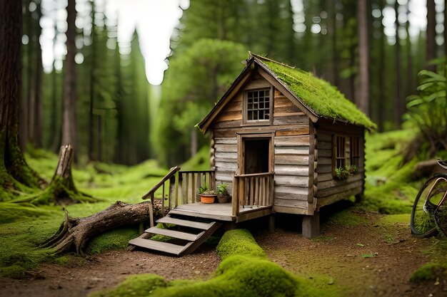 miniature weathered wood cabin in the forest