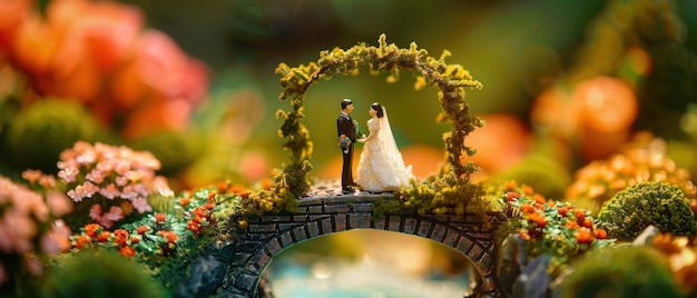 Photo a miniature wedding figurines of a bride and groom stand under a floral arch