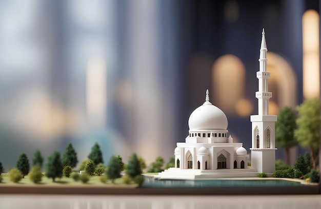 緑の木とボケの背景のミニチュアの白いミニマリストのモスク