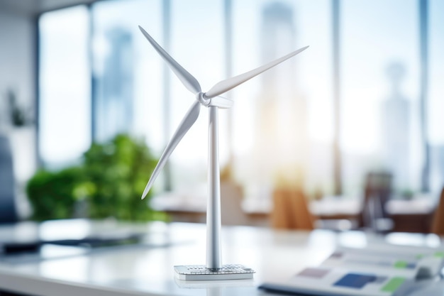 マイナチュア風力タービンモデル - オフィステーブル上に明るく照らされたオフィスルームでエコ電気コンセプト代替エネルギー源