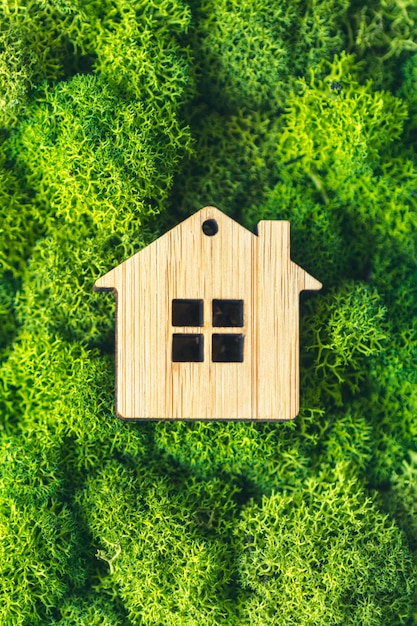 不動産の保険を販売またはレンタルするという緑の苔のコンセプトのミニチュア木造住宅の垂直写真