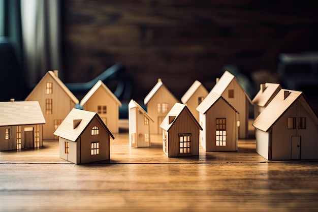 Miniature wooden houses placed on a solid wooden floor in a residential setting