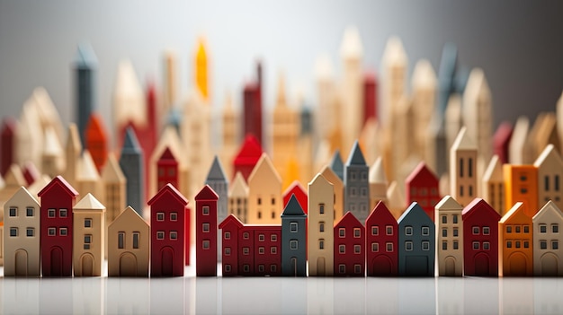 Miniature wooden houses with Christmas lights bokeh on background