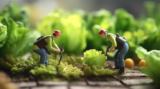 A miniature workers working on lettuce