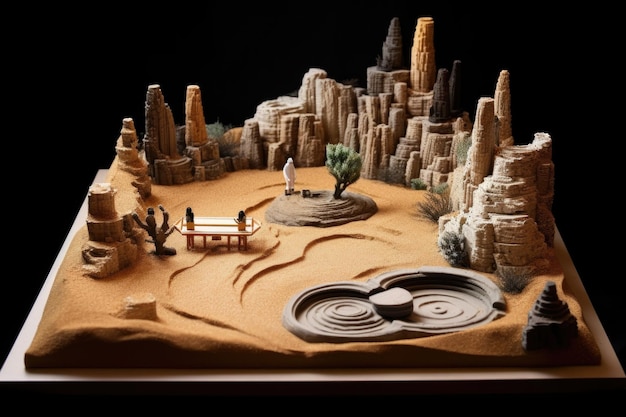 Фото Миниатюрный дзен-сад с аккуратно выровненными песчаными и каменными образованиями, созданный с помощью генеративного искусственного интеллекта