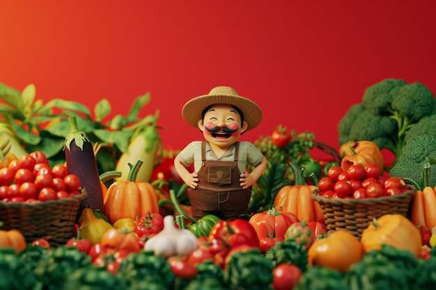 Miniatuur beeldje van een boer met verse groenten op een levendige rode achtergrond