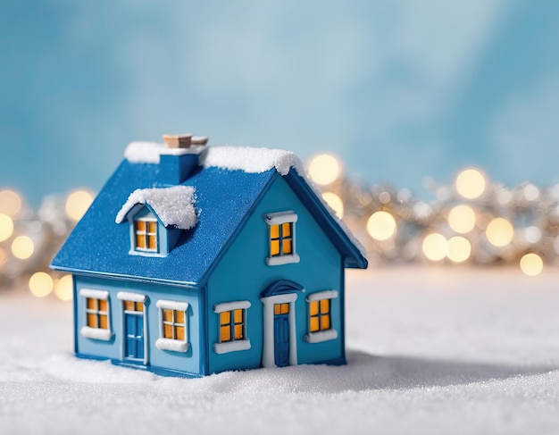 Miniatuur blauw huis in de sneeuw Nieuwjaarsatmosfeer