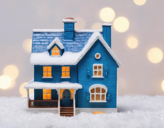 Miniatuur blauw huis in de sneeuw Nieuwjaarsatmosfeer