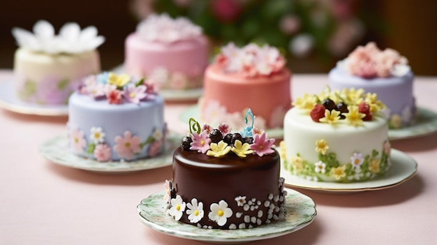 Miniatuur chocoladekoekjes versierd met eetbare bloemen Generatieve AI