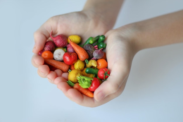 Miniatuur groenten en fruit in handen. Montessori. Fijne motoriek. Spelletjes voor kinderen.