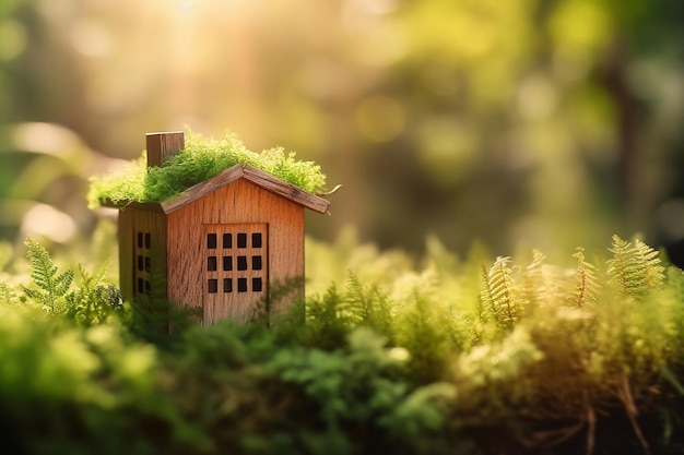 Miniatuur houten huis in lentegras en mos dat de pure natuur laat zien die AI heeft gegenereerd