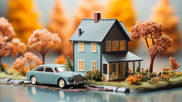 Miniatuur huis en auto geïsoleerd op witte achtergrond Generatieve AI