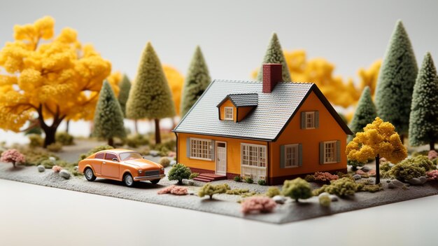 Miniatuur huis en auto geïsoleerd op witte achtergrond Generatieve AI