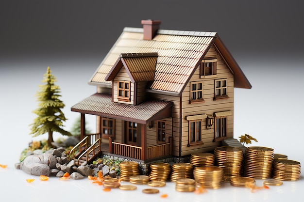 Miniatuur huis en stapel munten op een ongerepte witte achtergrond creëren een boeiende stockfoto