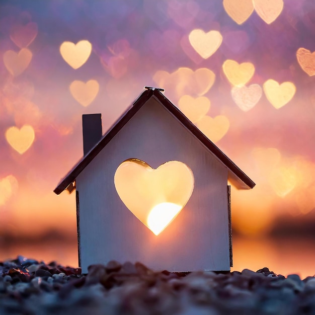 Miniatuur huis met hartvormig raam op zonsondergang achtergrond Sweet home concept