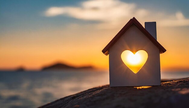 Miniatuur huis met hartvormig raam op zonsondergang achtergrond Sweet home concept