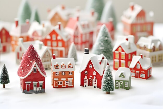 Miniatuur kerst winter schattige huizen blauwe sneeuwachtergrond