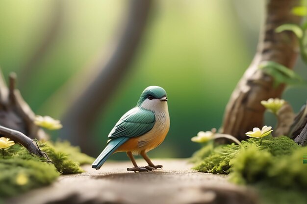 Foto miniatuur landschap lente een prachtige aziatische vogel bos natuurlijke kleurenschema natuurlijk licht panoramische compositie