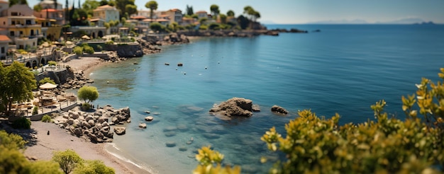 Miniatuur macrofotografie boven het hoofd van een prachtig kuststrand met stad en zee tijdens een vakantie