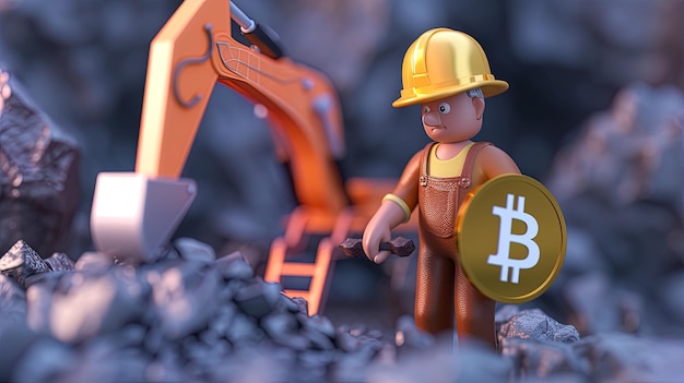 Miniatuur mensen die bitcoin ontginnen.