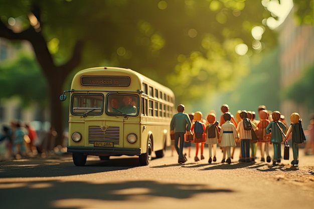 Miniatuur mensen student en schoolbus in het park onderwijsconcept Kinderen of schoolkinderen op een onscherpe achtergrond van de bus AI gegenereerd