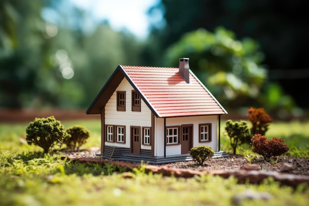 Miniatuur modelhuis op groene grasachtergrond