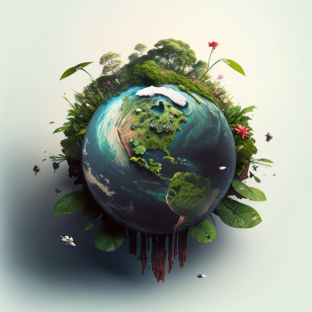 Miniatuur planeet Aarde met bomen fauna Concept voor Earth Day AI gegenereerd