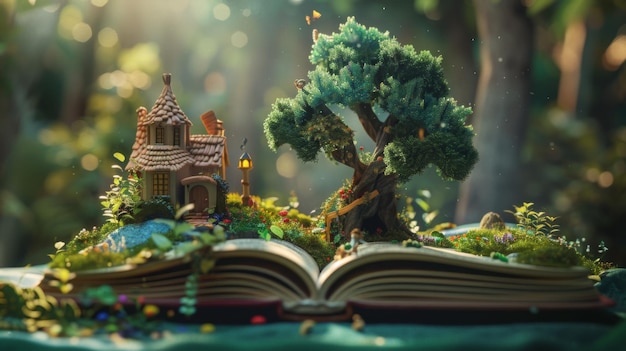 Foto miniatuur sprookjes scène met een bos met bomen een gezellig huisje en magische verlichting op een