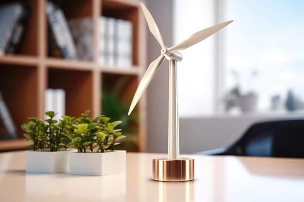 Foto miniatuur windturbine model op kantoor tafel in een fel verlichte kantoorkamer eco elektriciteit concept alternatieve energiebronnen