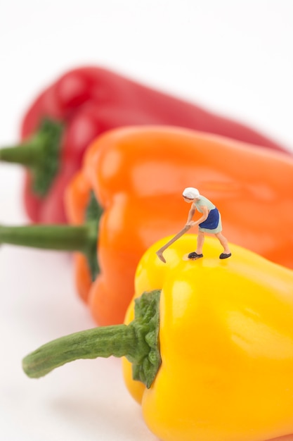 Miniatuurboeren die paprika oogsten