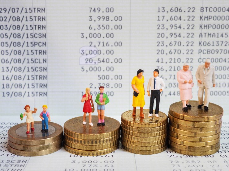 Miniatuurfamilietribune op stapel van Euro muntstukken en boekbank.