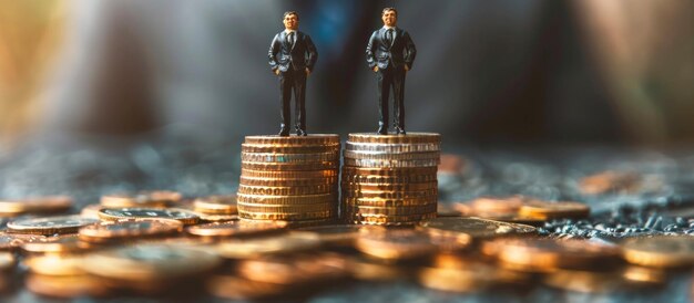 Foto miniatuurfiguren van zakenlieden die op een stapel munten staan geld financiën bedrijfsgroei concept panoramische afbeelding