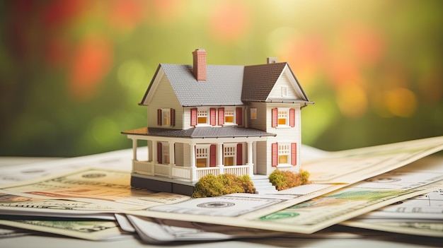 Miniatuurhuis bovenop hypotheekpapieren Hypotheekinvestering onroerend goed en nieuw huis