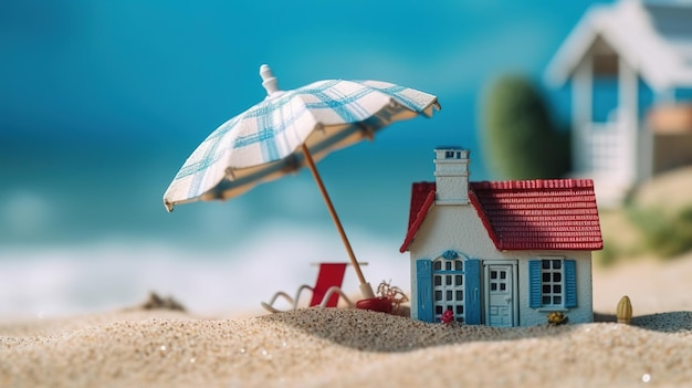 Miniatuurhuis en paraplu op strandGenerative Ai