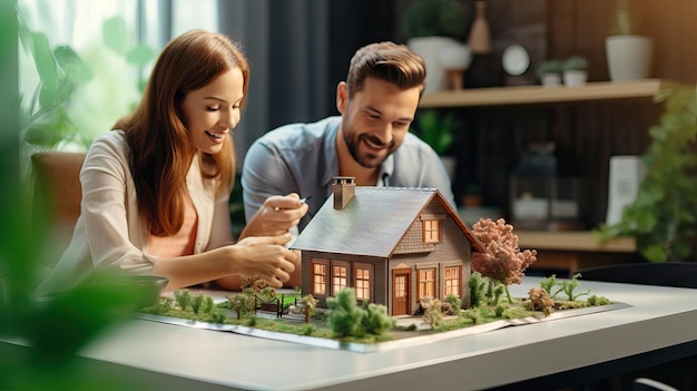 Miniatuurhuis in een bureau van een makelaar in onroerend goed met een echtpaar dat de papieren van hun nieuwe huis ondertekent