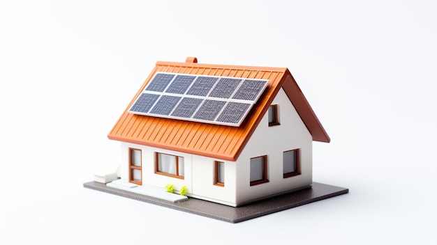 miniatuurhuismodel met zonnepaneel op dak op witte achtergrond smart home energiebesparingsconcept