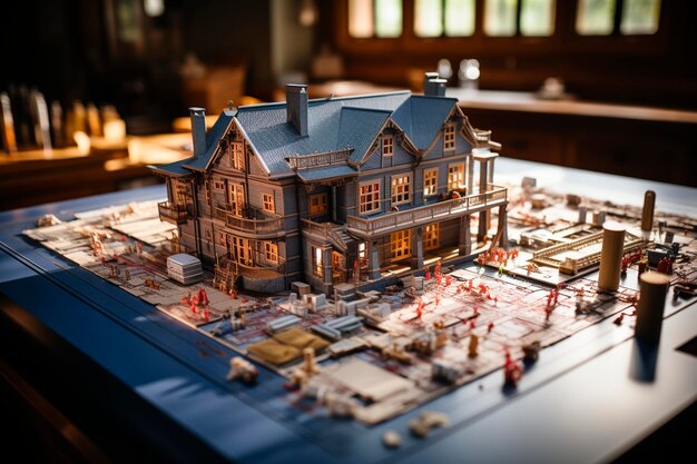 Miniatuurhuismodel miniatuurmodel met houten huis en constructeur bouwplaats woningbouw architectuurconcept generatieve ai