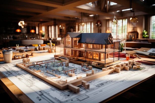 Miniatuurhuismodel miniatuurmodel met houten huis en constructeur bouwplaats woningbouw architectuurconcept generatieve ai