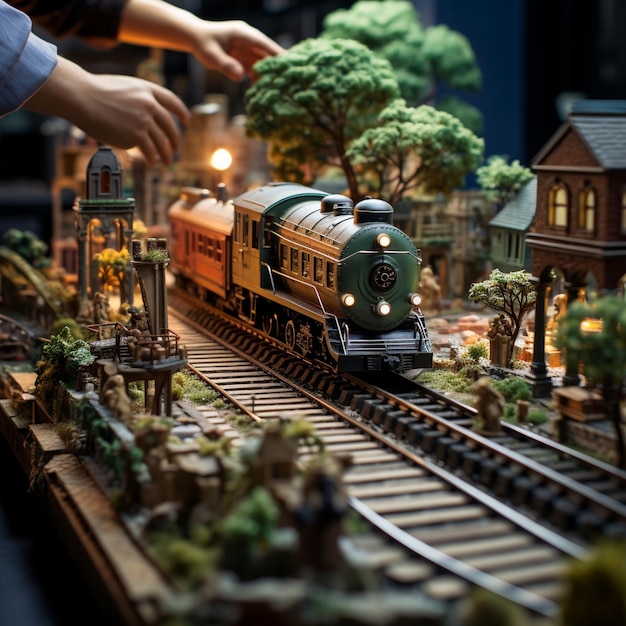 Foto miniatuurlocomotieven op uitgebreide spoorlijnen